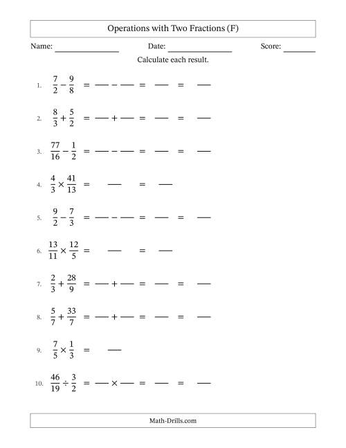 The Operations with Proper and Improper Fractions with Similar Denominators, Mixed Fractions Results and No Simplifying (Fillable) (F) Math Worksheet