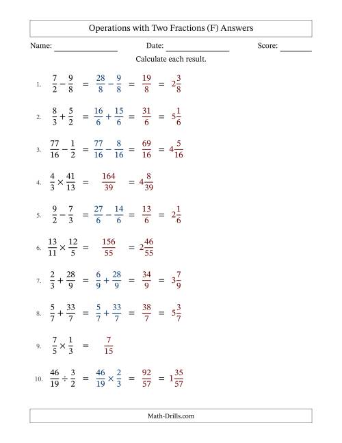 The Operations with Proper and Improper Fractions with Similar Denominators, Mixed Fractions Results and No Simplifying (Fillable) (F) Math Worksheet Page 2