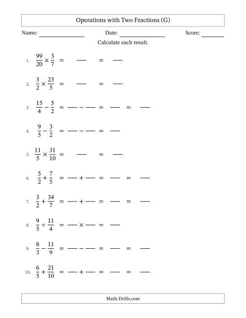 The Operations with Proper and Improper Fractions with Similar Denominators, Mixed Fractions Results and No Simplifying (Fillable) (G) Math Worksheet