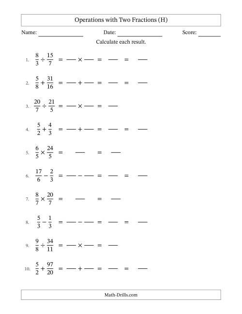 The Operations with Proper and Improper Fractions with Similar Denominators, Mixed Fractions Results and No Simplifying (Fillable) (H) Math Worksheet