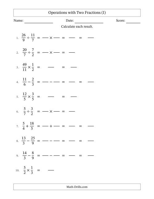 The Operations with Proper and Improper Fractions with Similar Denominators, Mixed Fractions Results and No Simplifying (Fillable) (I) Math Worksheet