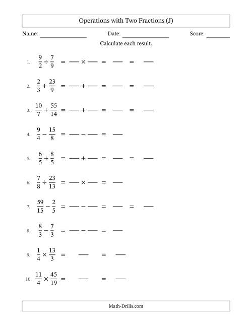 The Operations with Proper and Improper Fractions with Similar Denominators, Mixed Fractions Results and No Simplifying (Fillable) (J) Math Worksheet