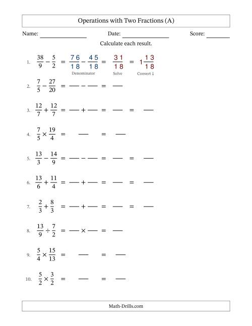 The Operations with Proper and Improper Fractions with Similar Denominators, Mixed Fractions Results and No Simplifying (Fillable) (All) Math Worksheet