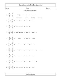 Operations with Proper and Improper Fractions with Similar Denominators, Mixed Fractions Results and All Simplifying (Fillable)