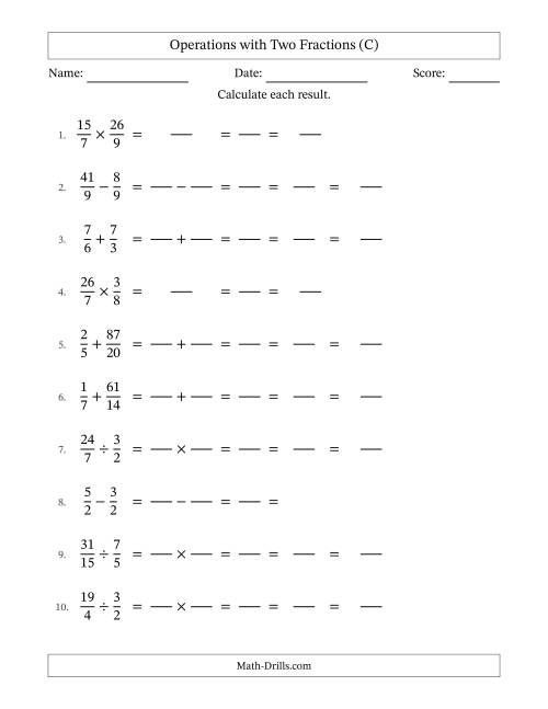 The Operations with Proper and Improper Fractions with Similar Denominators, Mixed Fractions Results and All Simplifying (Fillable) (C) Math Worksheet