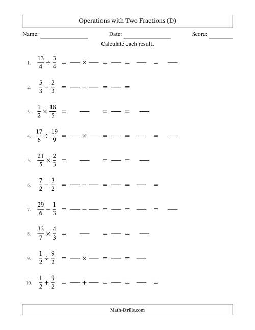 The Operations with Proper and Improper Fractions with Similar Denominators, Mixed Fractions Results and All Simplifying (Fillable) (D) Math Worksheet
