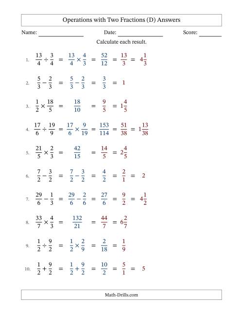 The Operations with Proper and Improper Fractions with Similar Denominators, Mixed Fractions Results and All Simplifying (Fillable) (D) Math Worksheet Page 2