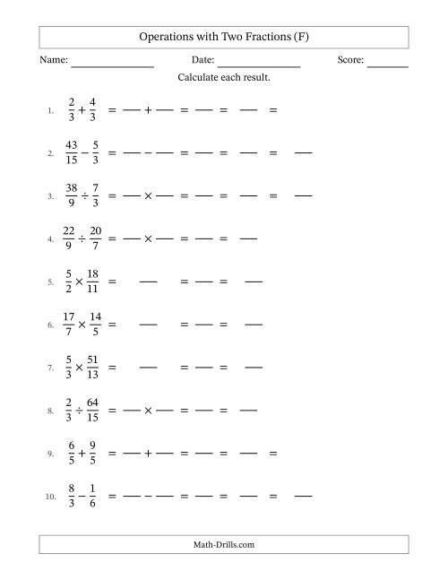 The Operations with Proper and Improper Fractions with Similar Denominators, Mixed Fractions Results and All Simplifying (Fillable) (F) Math Worksheet
