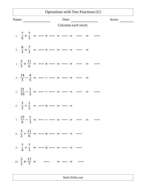 The Operations with Proper and Improper Fractions with Similar Denominators, Mixed Fractions Results and All Simplifying (Fillable) (G) Math Worksheet