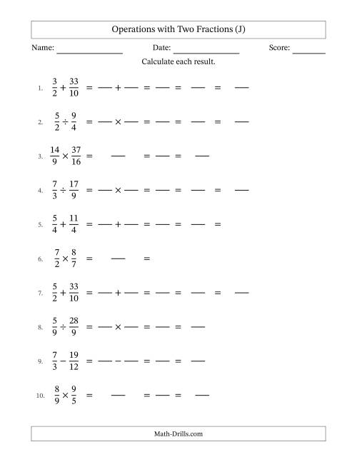 The Operations with Proper and Improper Fractions with Similar Denominators, Mixed Fractions Results and All Simplifying (Fillable) (J) Math Worksheet