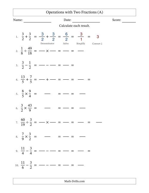 The Operations with Proper and Improper Fractions with Similar Denominators, Mixed Fractions Results and All Simplifying (Fillable) (All) Math Worksheet