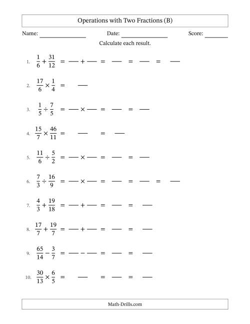 The Operations with Proper and Improper Fractions with Similar Denominators, Mixed Fractions Results and Some Simplifying (Fillable) (B) Math Worksheet