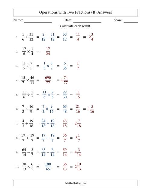 The Operations with Proper and Improper Fractions with Similar Denominators, Mixed Fractions Results and Some Simplifying (Fillable) (B) Math Worksheet Page 2