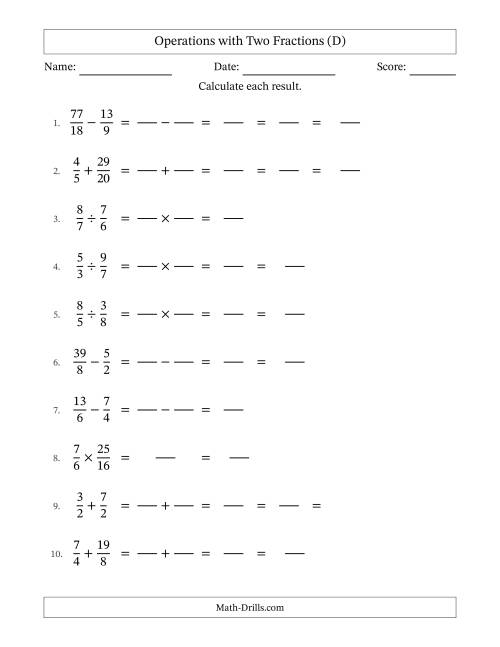 The Operations with Proper and Improper Fractions with Similar Denominators, Mixed Fractions Results and Some Simplifying (Fillable) (D) Math Worksheet