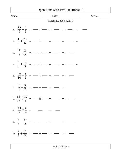 The Operations with Proper and Improper Fractions with Similar Denominators, Mixed Fractions Results and Some Simplifying (Fillable) (F) Math Worksheet