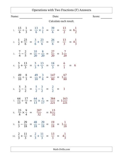 The Operations with Proper and Improper Fractions with Similar Denominators, Mixed Fractions Results and Some Simplifying (Fillable) (F) Math Worksheet Page 2