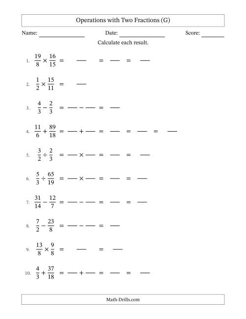 The Operations with Proper and Improper Fractions with Similar Denominators, Mixed Fractions Results and Some Simplifying (Fillable) (G) Math Worksheet