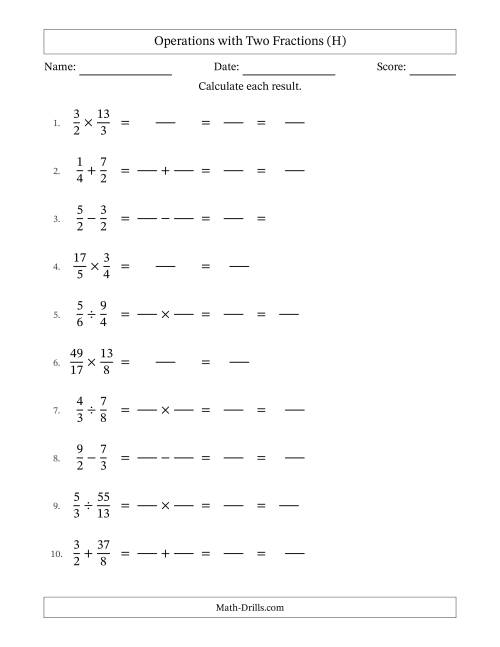 The Operations with Proper and Improper Fractions with Similar Denominators, Mixed Fractions Results and Some Simplifying (Fillable) (H) Math Worksheet