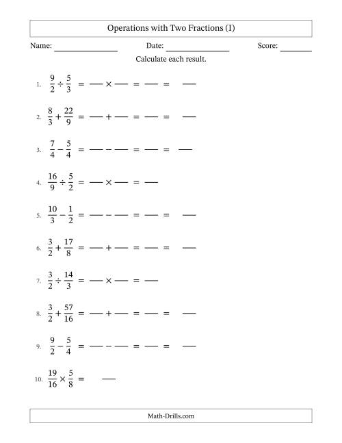 The Operations with Proper and Improper Fractions with Similar Denominators, Mixed Fractions Results and Some Simplifying (Fillable) (I) Math Worksheet