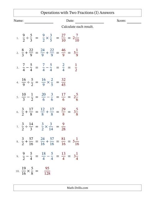 The Operations with Proper and Improper Fractions with Similar Denominators, Mixed Fractions Results and Some Simplifying (Fillable) (I) Math Worksheet Page 2