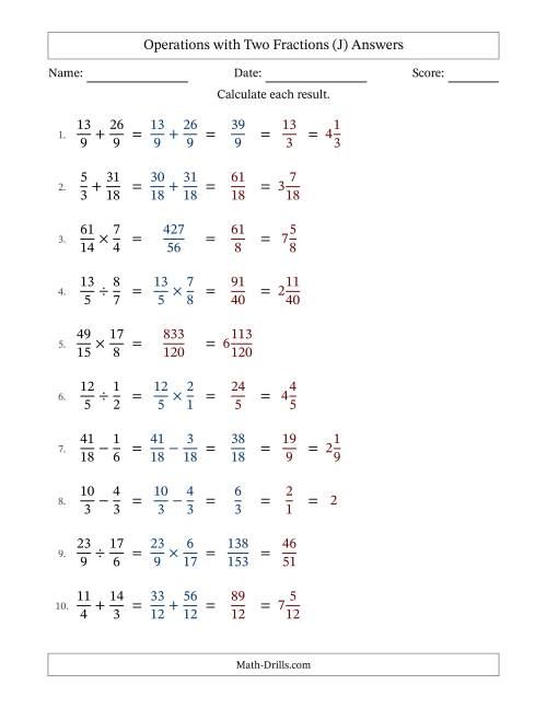 The Operations with Proper and Improper Fractions with Similar Denominators, Mixed Fractions Results and Some Simplifying (Fillable) (J) Math Worksheet Page 2