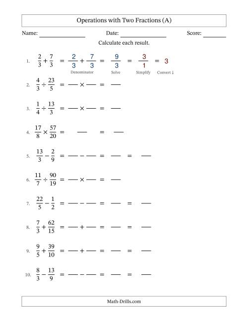 The Operations with Proper and Improper Fractions with Similar Denominators, Mixed Fractions Results and Some Simplifying (Fillable) (All) Math Worksheet