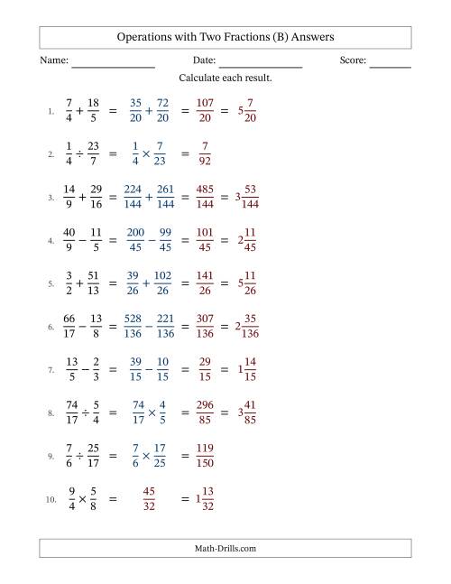 The Operations with Proper and Improper Fractions with Unlike Denominators, Mixed Fractions Results and No Simplifying (Fillable) (B) Math Worksheet Page 2