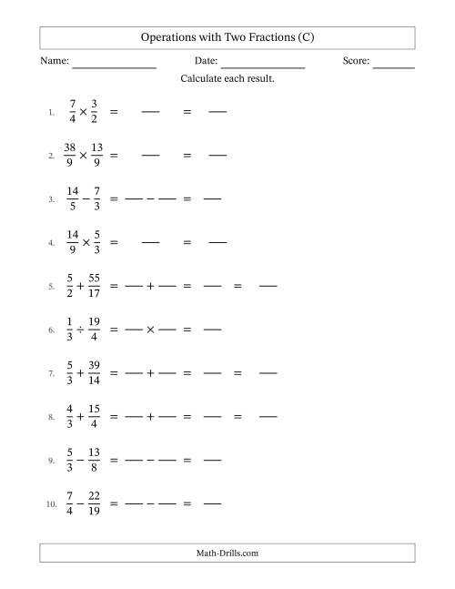 The Operations with Proper and Improper Fractions with Unlike Denominators, Mixed Fractions Results and No Simplifying (Fillable) (C) Math Worksheet