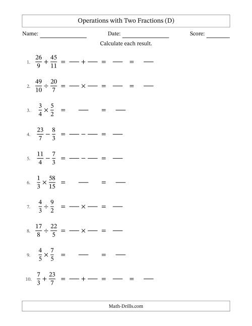 The Operations with Proper and Improper Fractions with Unlike Denominators, Mixed Fractions Results and No Simplifying (Fillable) (D) Math Worksheet