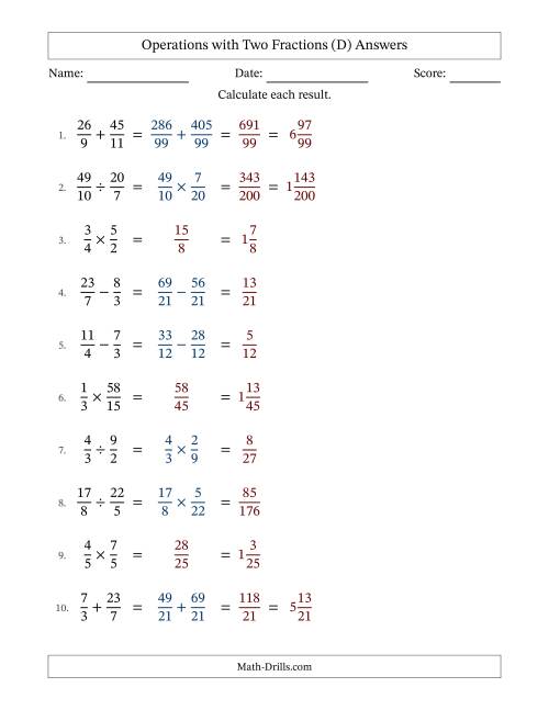 The Operations with Proper and Improper Fractions with Unlike Denominators, Mixed Fractions Results and No Simplifying (Fillable) (D) Math Worksheet Page 2