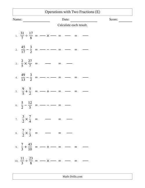The Operations with Proper and Improper Fractions with Unlike Denominators, Mixed Fractions Results and No Simplifying (Fillable) (E) Math Worksheet