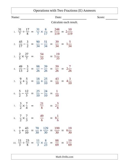 The Operations with Proper and Improper Fractions with Unlike Denominators, Mixed Fractions Results and No Simplifying (Fillable) (E) Math Worksheet Page 2