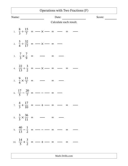 The Operations with Proper and Improper Fractions with Unlike Denominators, Mixed Fractions Results and No Simplifying (Fillable) (F) Math Worksheet