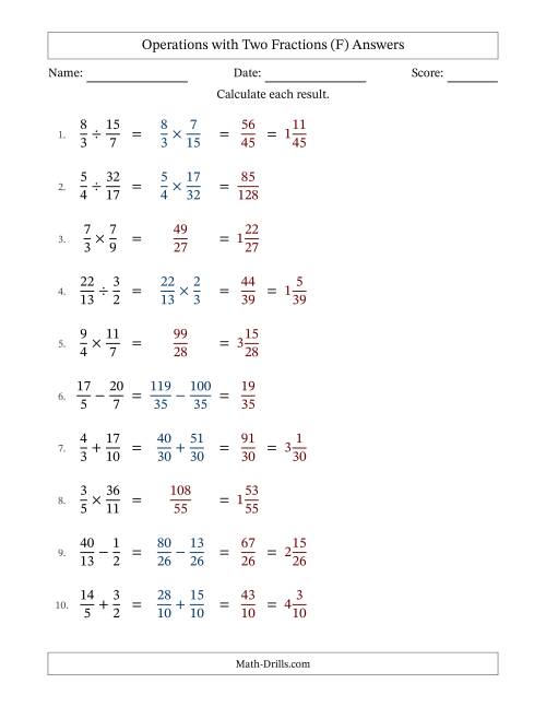 The Operations with Proper and Improper Fractions with Unlike Denominators, Mixed Fractions Results and No Simplifying (Fillable) (F) Math Worksheet Page 2