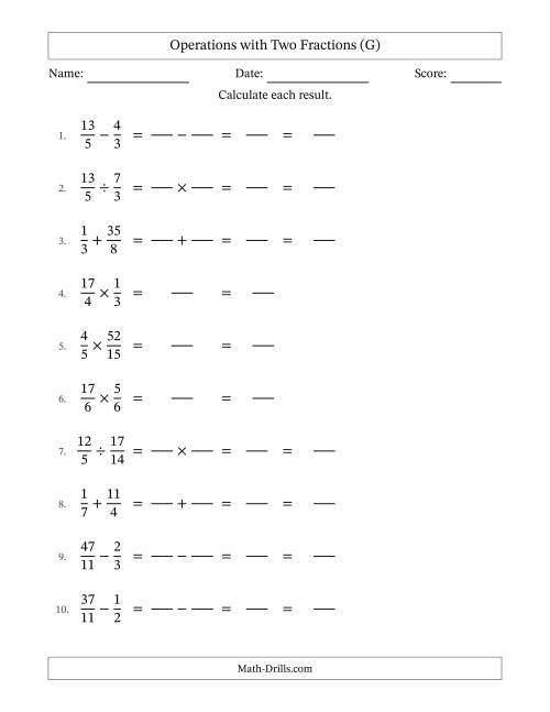 The Operations with Proper and Improper Fractions with Unlike Denominators, Mixed Fractions Results and No Simplifying (Fillable) (G) Math Worksheet