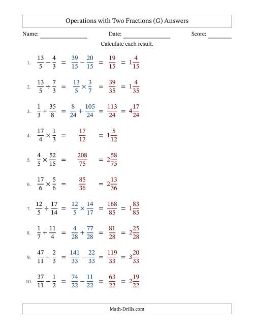 The Operations with Proper and Improper Fractions with Unlike Denominators, Mixed Fractions Results and No Simplifying (Fillable) (G) Math Worksheet Page 2