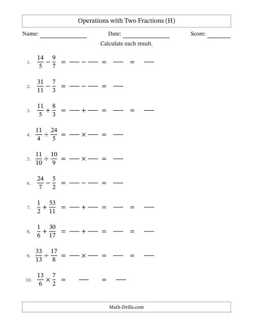 The Operations with Proper and Improper Fractions with Unlike Denominators, Mixed Fractions Results and No Simplifying (Fillable) (H) Math Worksheet