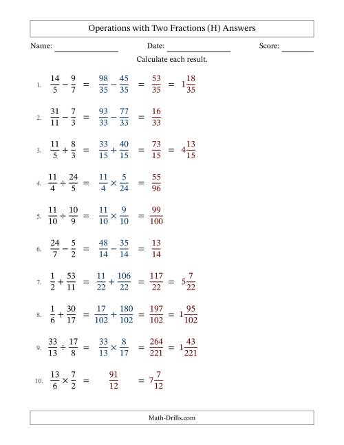 The Operations with Proper and Improper Fractions with Unlike Denominators, Mixed Fractions Results and No Simplifying (Fillable) (H) Math Worksheet Page 2