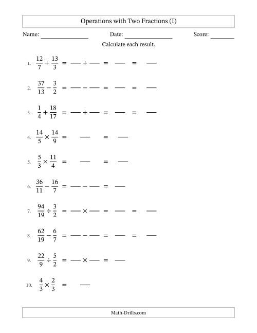 The Operations with Proper and Improper Fractions with Unlike Denominators, Mixed Fractions Results and No Simplifying (Fillable) (I) Math Worksheet