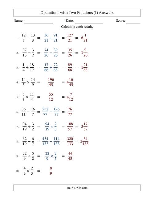 The Operations with Proper and Improper Fractions with Unlike Denominators, Mixed Fractions Results and No Simplifying (Fillable) (I) Math Worksheet Page 2