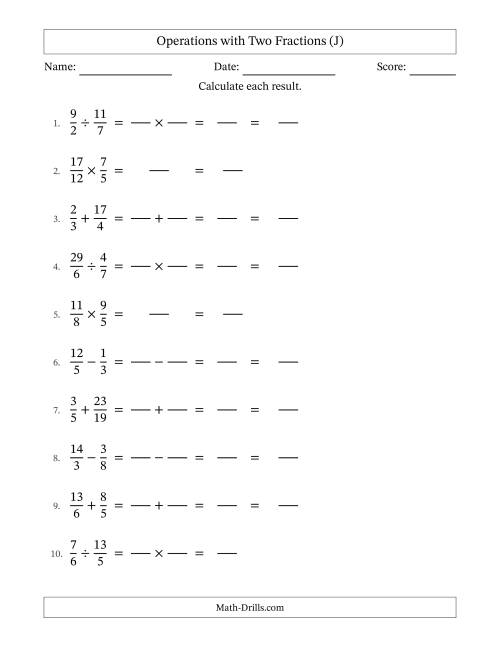 The Operations with Proper and Improper Fractions with Unlike Denominators, Mixed Fractions Results and No Simplifying (Fillable) (J) Math Worksheet