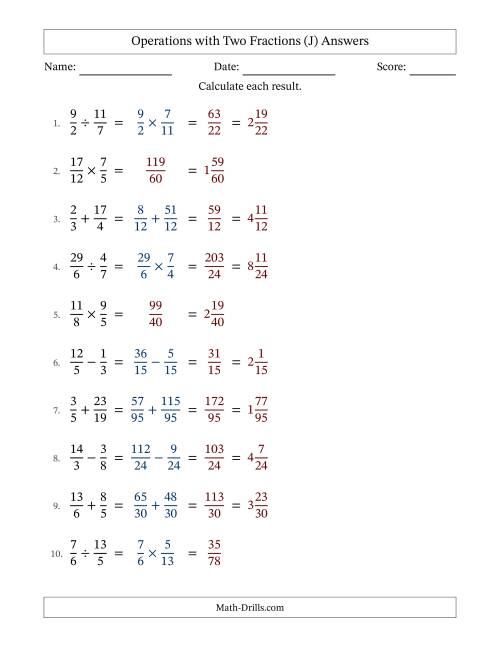 The Operations with Proper and Improper Fractions with Unlike Denominators, Mixed Fractions Results and No Simplifying (Fillable) (J) Math Worksheet Page 2