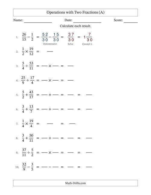The Operations with Proper and Improper Fractions with Unlike Denominators, Mixed Fractions Results and No Simplifying (Fillable) (All) Math Worksheet