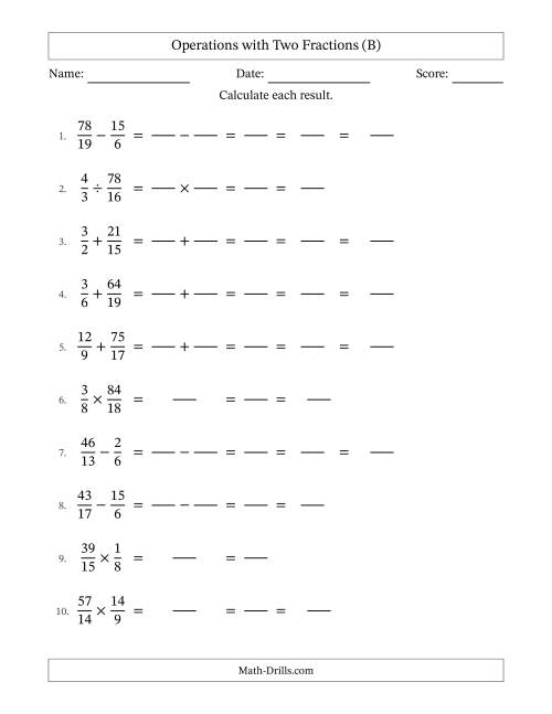 The Operations with Proper and Improper Fractions with Unlike Denominators, Mixed Fractions Results and All Simplifying (Fillable) (B) Math Worksheet