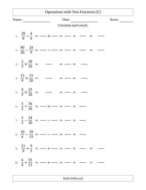The Operations with Proper and Improper Fractions with Unlike Denominators, Mixed Fractions Results and All Simplifying (Fillable) (C) Math Worksheet