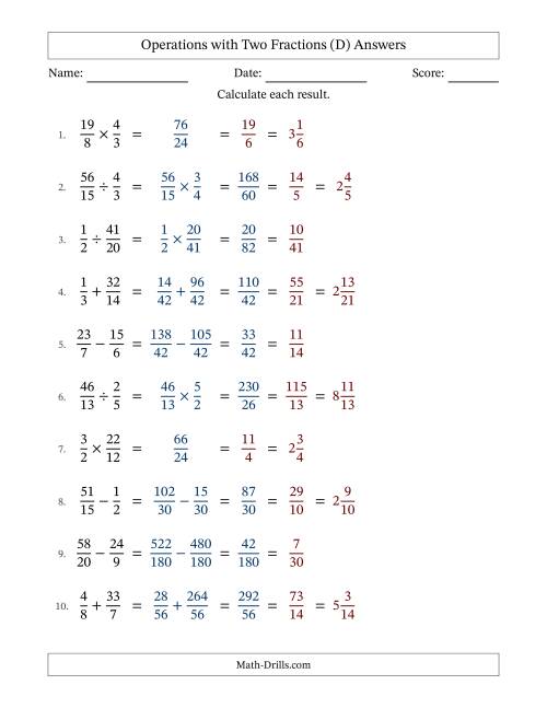 The Operations with Proper and Improper Fractions with Unlike Denominators, Mixed Fractions Results and All Simplifying (Fillable) (D) Math Worksheet Page 2
