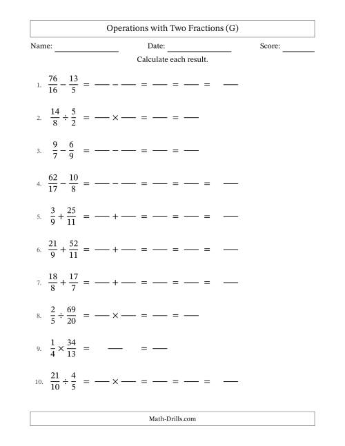 The Operations with Proper and Improper Fractions with Unlike Denominators, Mixed Fractions Results and All Simplifying (Fillable) (G) Math Worksheet