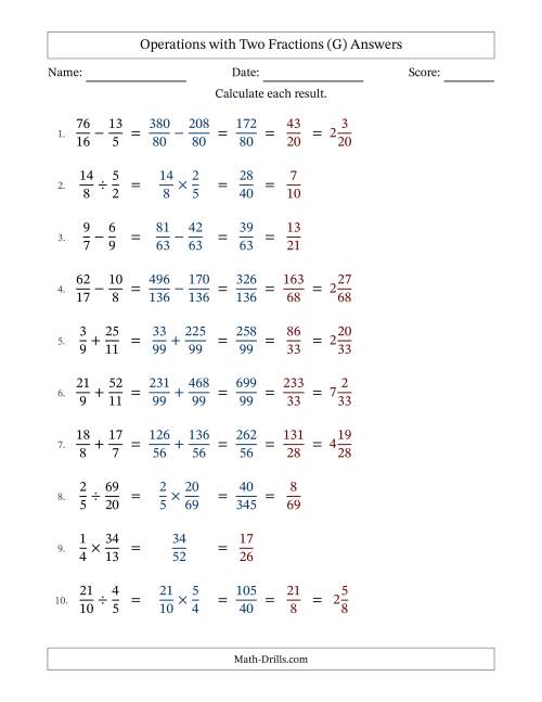The Operations with Proper and Improper Fractions with Unlike Denominators, Mixed Fractions Results and All Simplifying (Fillable) (G) Math Worksheet Page 2