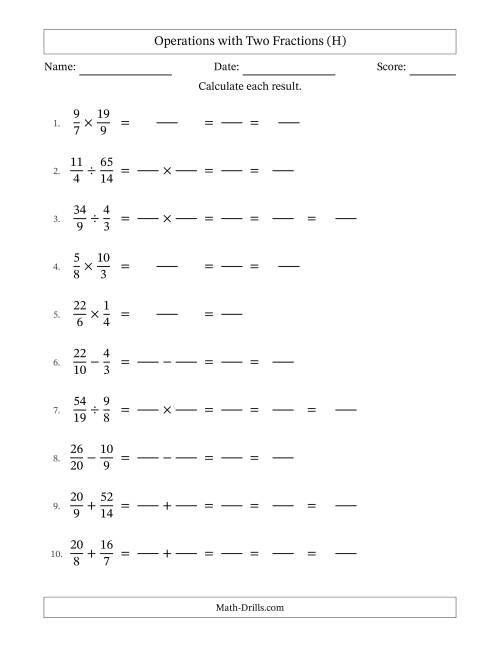 The Operations with Proper and Improper Fractions with Unlike Denominators, Mixed Fractions Results and All Simplifying (Fillable) (H) Math Worksheet