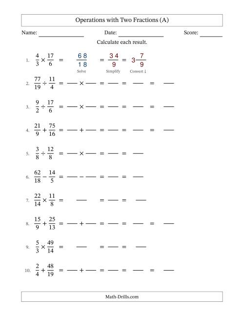 The Operations with Proper and Improper Fractions with Unlike Denominators, Mixed Fractions Results and All Simplifying (Fillable) (All) Math Worksheet